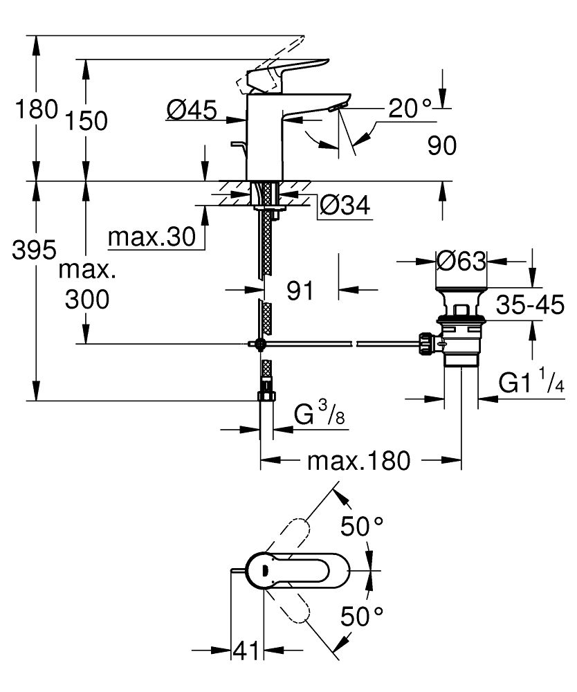 технічна схема Душова система Grohe BauClassic 26699000 + Змішувач для раковини Grohe BauEdge 23328000 
