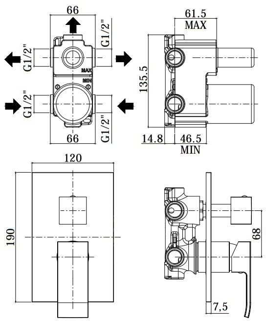 креслення Змішувач прихованого монтажу Paffoni Elle EL019NO/M