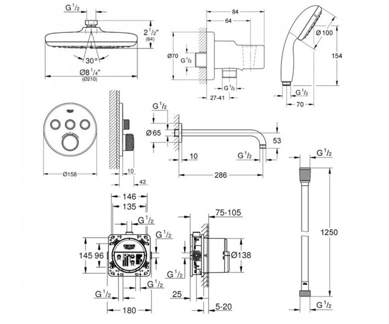 креслення Душова система прихованого монтажу Grohe Grohtherm SmartControl 34614SC2