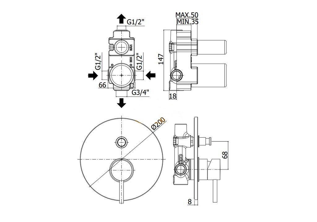 креслення Змішувач прихованого монтажу Paffoni Light LIG015NO