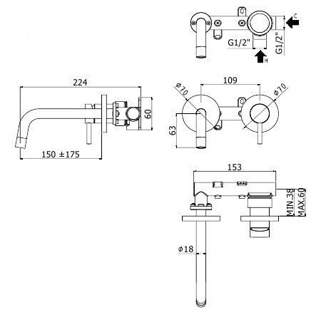 креслення Настінний змішувач для раковини Paffoni Light LIG 101 CR 70