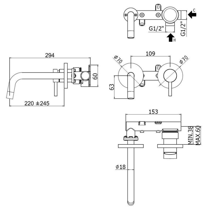 креслення Настінний змішувач для раковини Paffoni Light LIG 103 CR 70