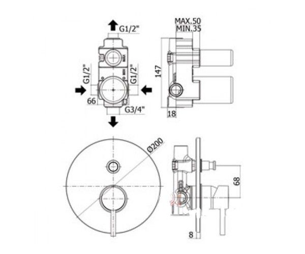 креслення Змішувач прихованого монтажу Paffoni Light LIG 015 CR