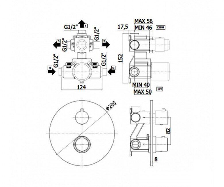 креслення Термостат прихованого монтажу Paffoni Light LIQ 019 CR