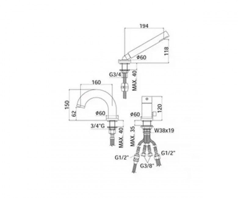 креслення Змішувач для ванни Paffoni Light LIG 040 L CR