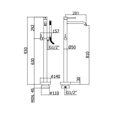 креслення Підлоговий змішувач для ванни Paffoni Light LIG 032 CR