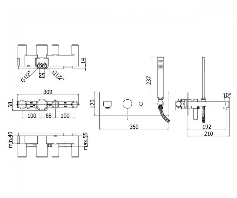 креслення Змішувач для ванни з ручним душем Paffoni Rock RO 001 CR