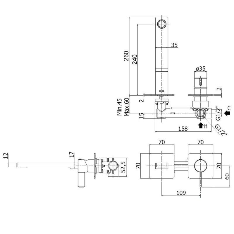 креслення Настінний змішувач для раковини Paffoni Rock RO 106 CR 70