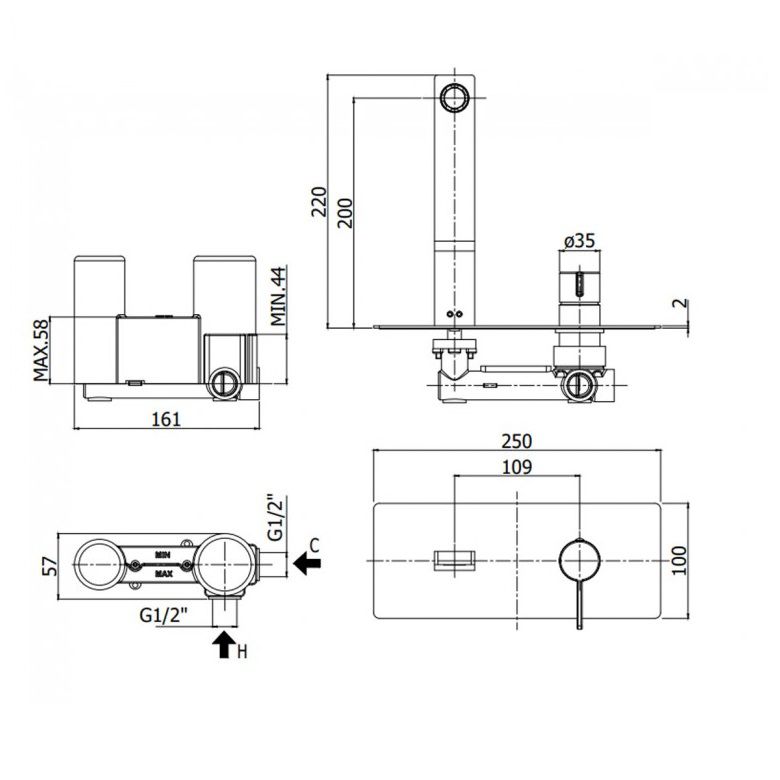 креслення Настінний змішувач для раковини Paffoni Rock RO 105 CR