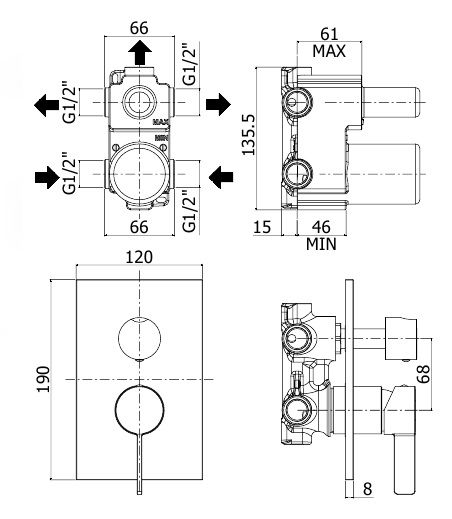 креслення Змішувач прихованого монтажу Paffoni Rock RO 019 CR/M
