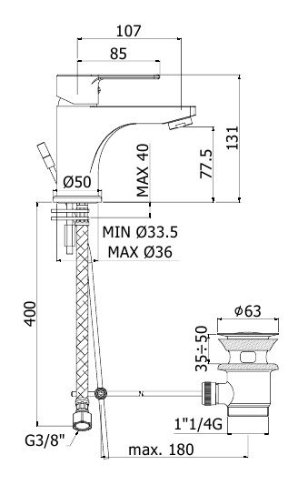 креслення Змішувач для раковини Paffoni Red RED 075 CR-EWS