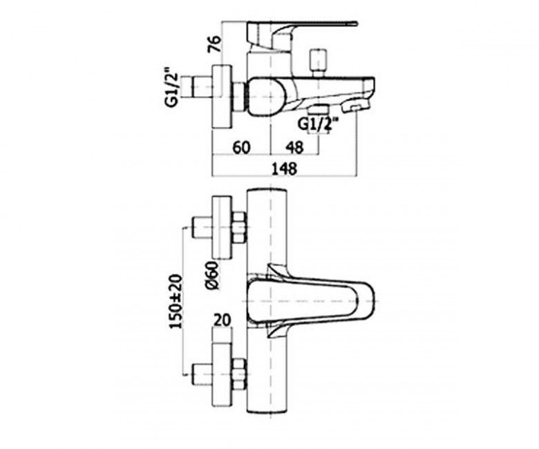 креслення Змішувач для ванни з душовим гарнітуром Paffoni Red RED 023 CR