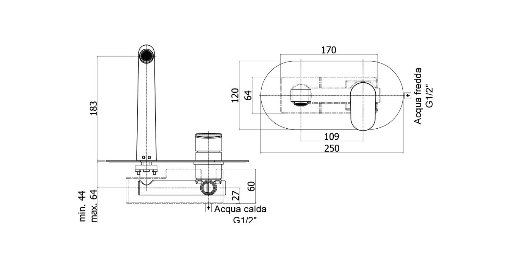 креслення Настінний змішувач для раковини Paffoni Candy CA 101 CR