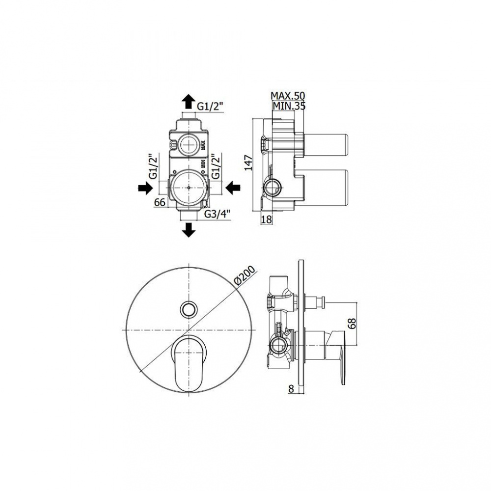 креслення Змішувач прихованого монтажу Paffoni Candy CA 015 CR