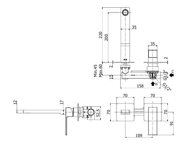 креслення Настінний змішувач для раковини Paffoni Elle EL 106 CR 70