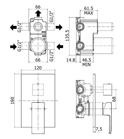 креслення Змішувач прихованого монтажу Paffoni Elle EL 019 CR