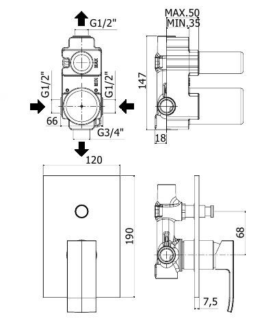 креслення Змішувач прихованого монтажу Paffoni Light EL 015 CR