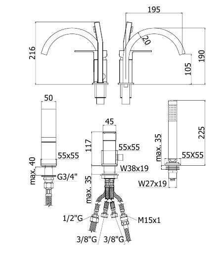 креслення Змішувач для ванни Paffoni Elle EL 40 CR