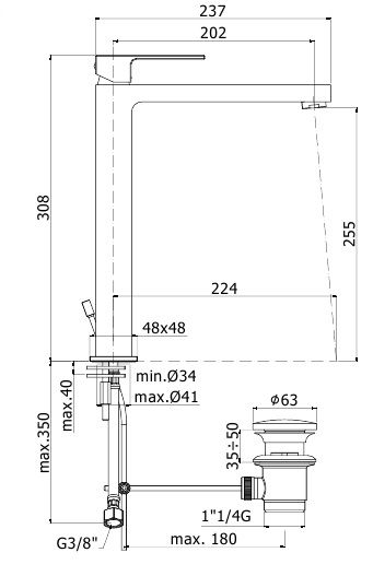 креслення Високий змішувач для раковини Paffoni Effe EF 085 CR