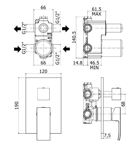 чертеж Настенный смеситель для раковины Paffoni Effe EF 019 CR/M