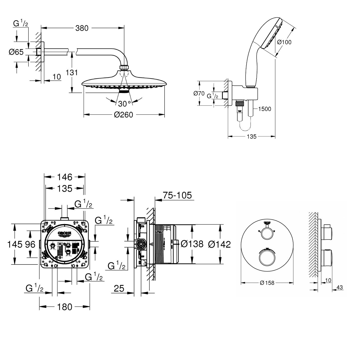 креслення Душова система прихованого монтажу Grohe Grohtherm 34614SC5