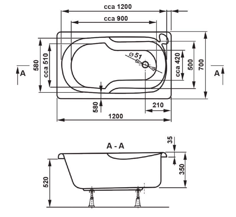 креслення Ванна акрилова Vagnerplast Nike 120 VPBA127NIK2E-04