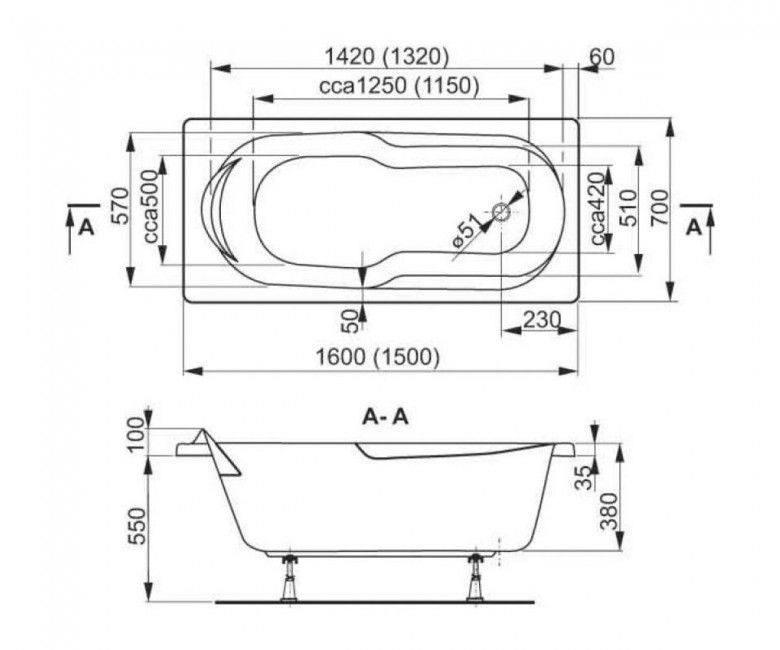 креслення Ванна акрилова Vagnerplast Nymfa VPBA157NYM2E-01