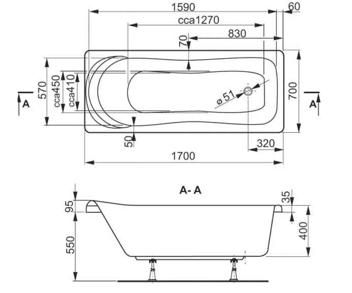 креслення Ванна акрилова VagnerPlast Penelope VPBA177PEN2E-04