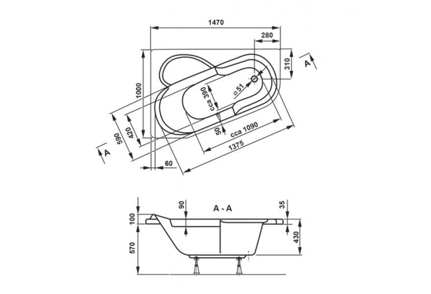 креслення Кутова акрилова ванна VagnerPlast Selena VPBA141SEL3LE-01