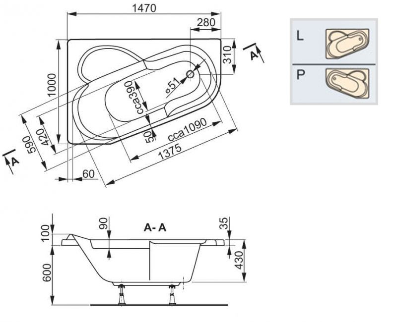 креслення Кутова акрилова ванна VagnerPlast Selena VPBA141SEL3PE-01