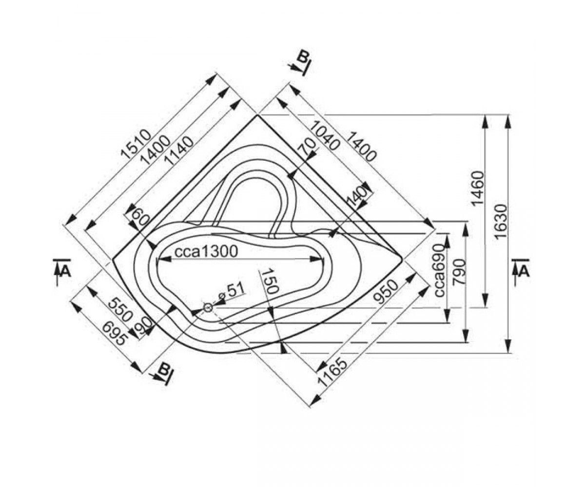 креслення Кутова акрилова ванна VagnerPlast Paria VPBA151PAI3X-01