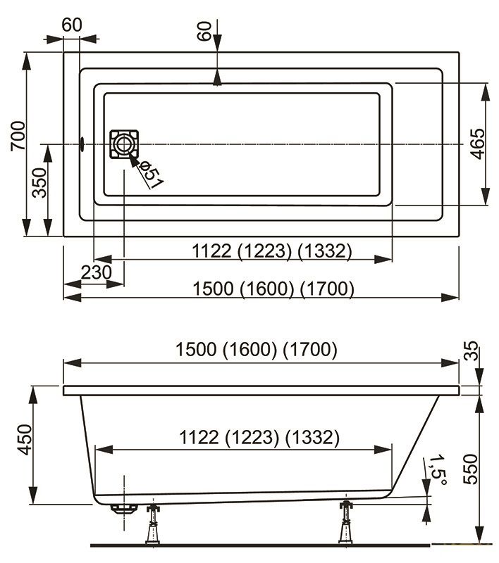 креслення Ванна акрилова VagnerPlast Cavallo VPBA167CAV2X-04