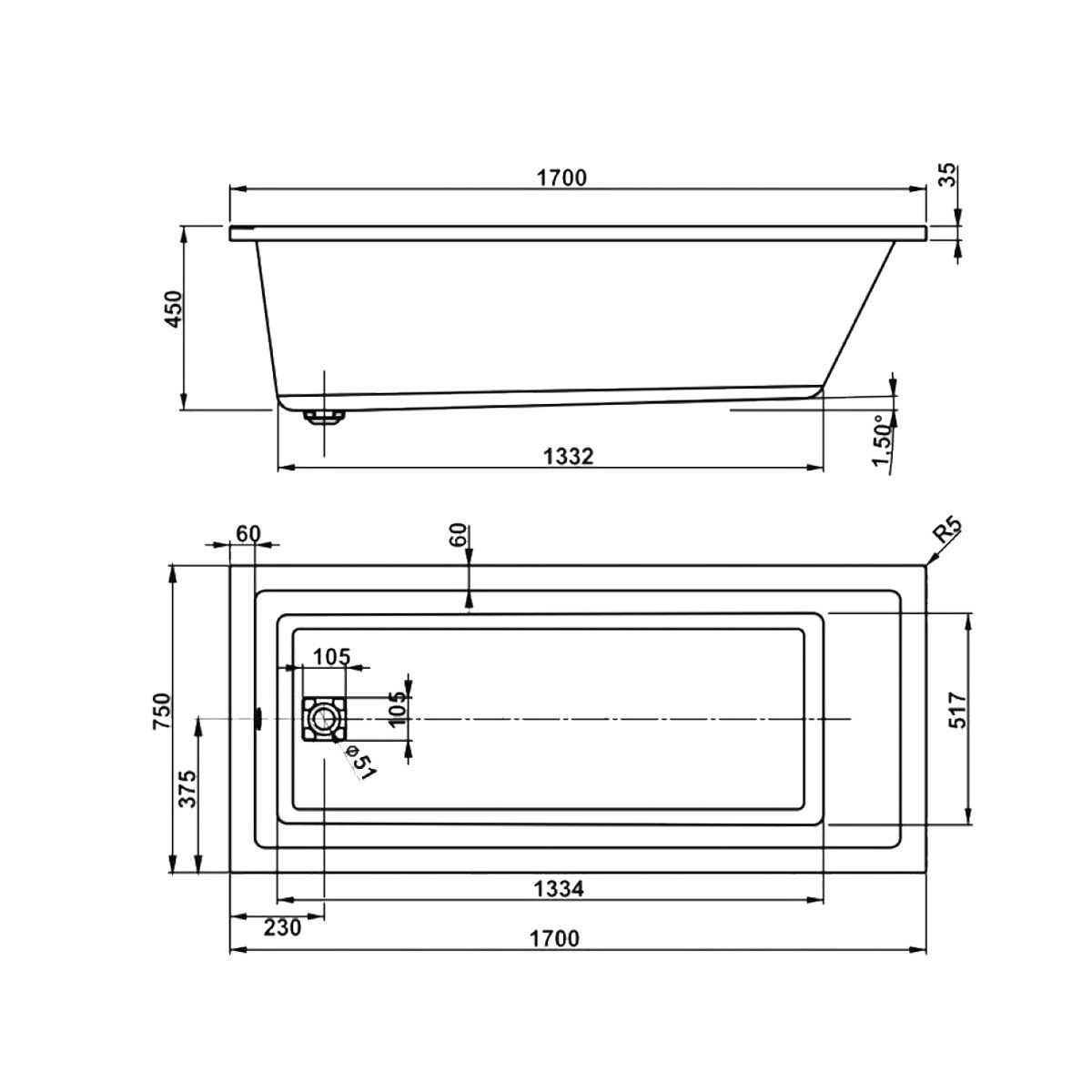 креслення Ванна акрилова VagnerPlast Cavallo VPBA170CAV2X-04