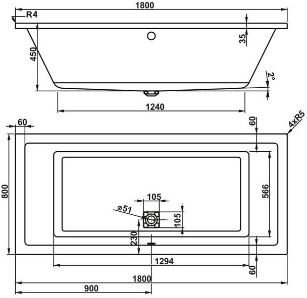 креслення Ванна акрилова VagnerPlast Cavallo VPBA180CAV2X-01