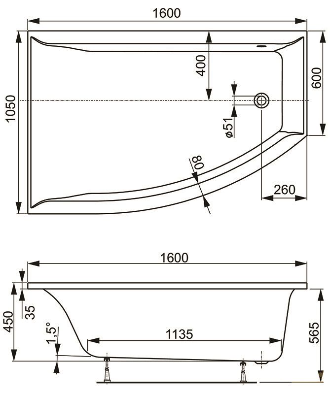 чертеж Угловая акриловая ванна VagnerPlast Veronella Offset VPBA160VEA3PX-04