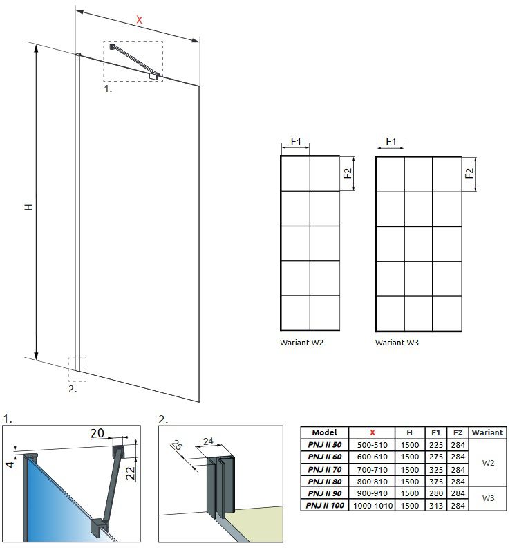 креслення Шторка для ванни Radaway Idea Black PNJ II Factory 10001050-54-55