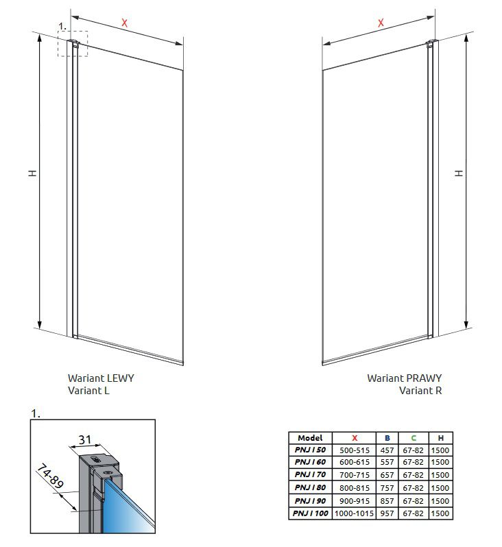 креслення Шторка для ванни Radaway Nes PNJ I 10011050-01-01L