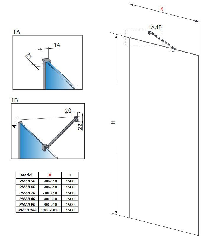 креслення Шторка для ванни Radaway Modo New Black PNJ II 10006050-54-01