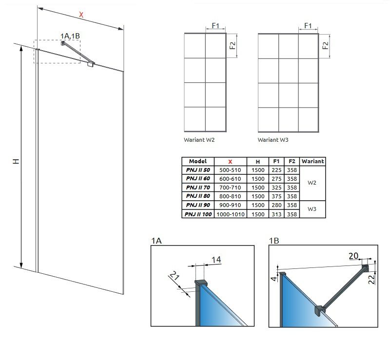креслення Шторка для ванни Radaway Modo New Black PNJ II Factory 10006050-54-55