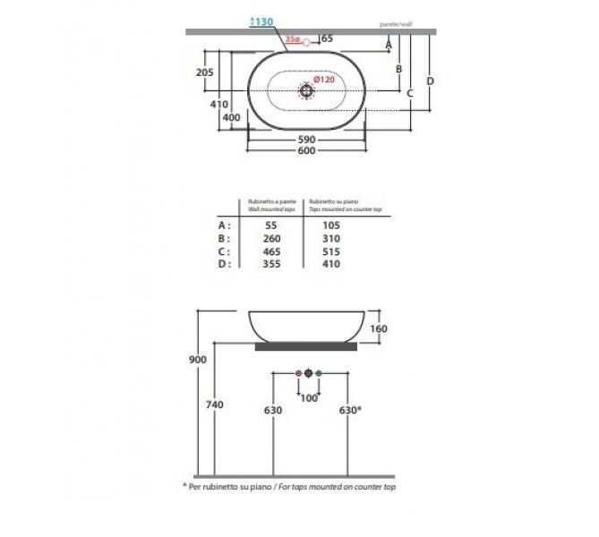 креслення Накладна раковина Globo T-Edge B6O60BI