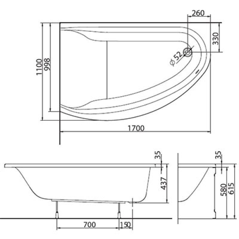 креслення Кутова ванна Kolo Mirra XWA3370001