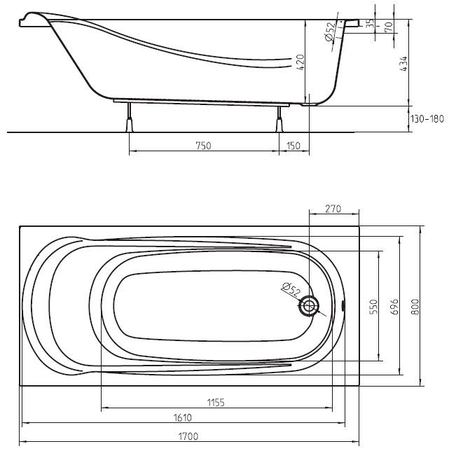 креслення Акрилова ванна Kolo Saga 170 x 80 см XWP3870000
