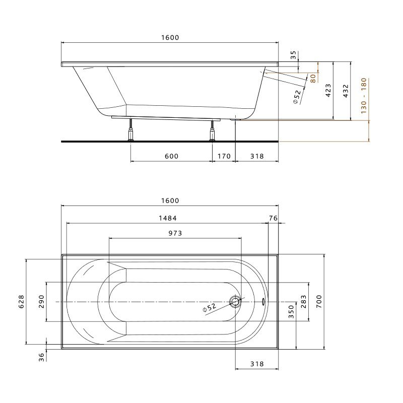креслення Акрилова ванна Kolo Opal Plus 160x70 см XWP136000N