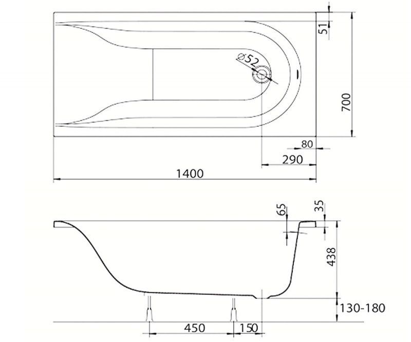 креслення Акрилова ванна Kolo Mirra 140x70 см XWP3340001