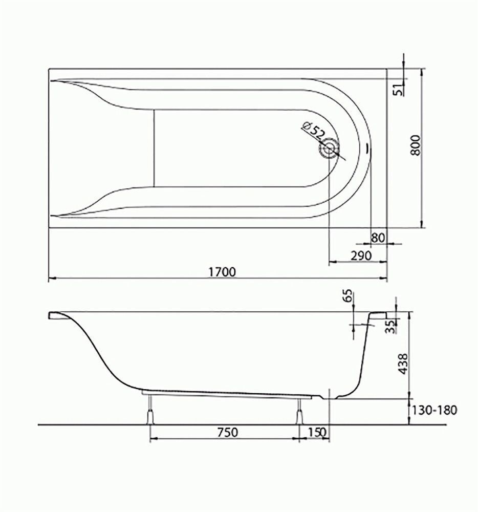 креслення Акрилова ванна Kolo Mirra 170x80 см XWP3370001