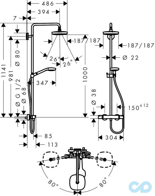 креслення Душова система Hansgrohe Croma Select E 180 27256400