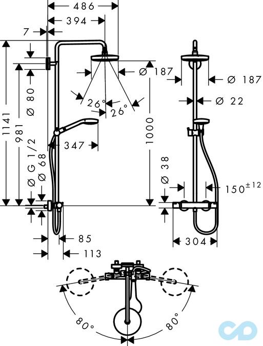креслення Душова система Hansgrohe Croma Select S 180 27253400