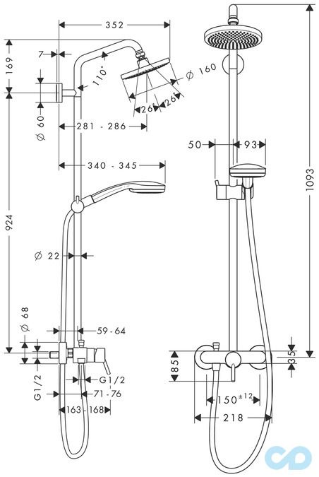 креслення Душова система Hansgrohe Croma 100 27154000