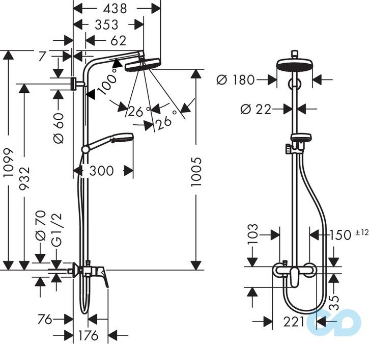 креслення Душова система Hansgrohe Crometta 160 27266400
