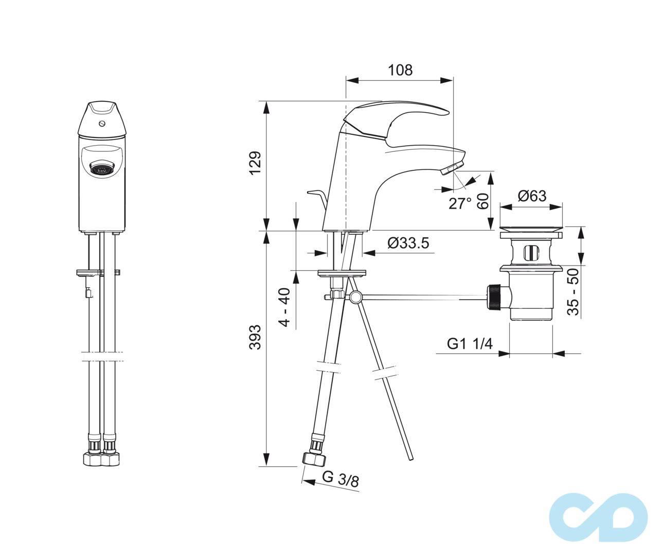 розмір змішувач для раковини oras polara 1400f